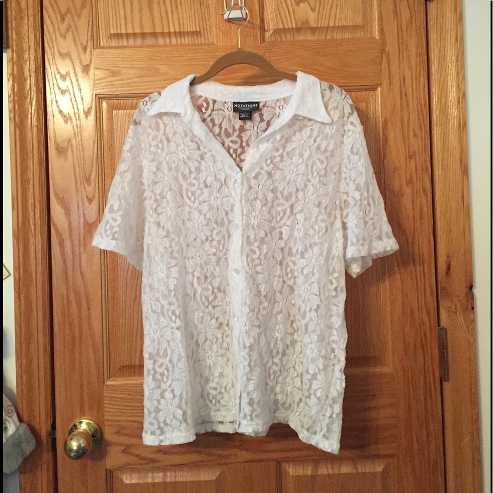 Short sleeved white floral lace button down top